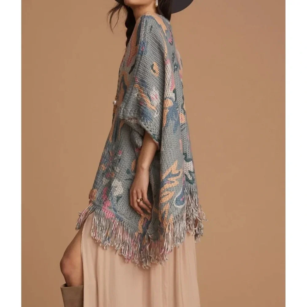 Anthropologie Floral Blue Pink  Duster Cardigan One Size fits all Fringe